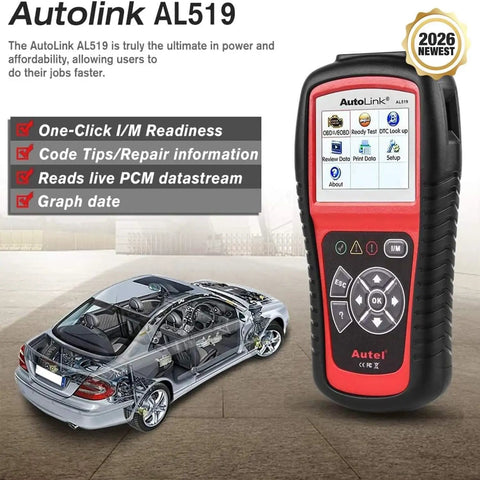AL519 OBD2 Scanner Pro Car Diagnostic Tool displaying screen with car diagnostic features, next to a transparent car model