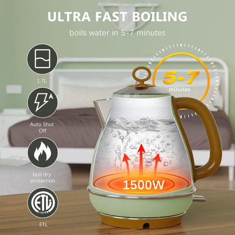 1.7L Electric Kettle With Auto Shut Off And Boil Dry Protection BPA Free Stainless Steel Teapot On Table, Showing Boiling in 5-7 Minutes