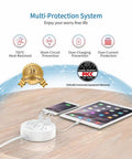 10 Foot Flat Plug Extension Cord With 3 Outlets Power Strip And 2 USB Ports Desk charging tablets on wooden surface