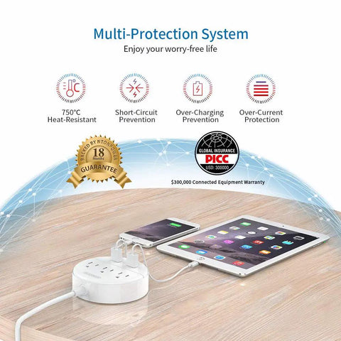 10 Foot Flat Plug Extension Cord With 3 Outlets Power Strip And 2 USB Ports Desk charging tablets on wooden surface