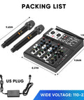 4 Channel Audio Mixer For Karaoke And DJ Sessions With Dual Wireless Microphones Independent Mic Control Bluetooth MP3 USB Interface 48V Phantom Power For PC Studio Recording And Party Boss Sound Board packaging details with dimensions and US plug