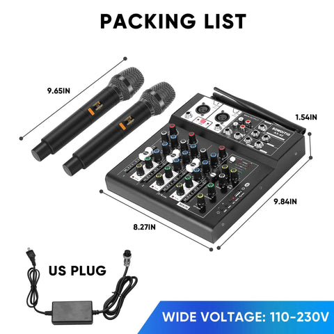 4 Channel Audio Mixer For Karaoke And DJ Sessions With Dual Wireless Microphones Independent Mic Control Bluetooth MP3 USB Interface 48V Phantom Power For PC Studio Recording And Party Boss Sound Board packaging details with dimensions and US plug