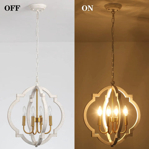Vintage Farmhouse Pendant Light 4 Light Wood Chandelier Ceiling Mount Rustic Dining Room Fixture in White Finish Off and On