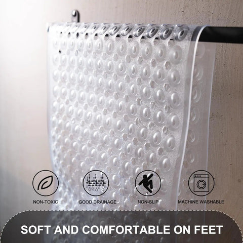 Extra Long Non Slip Bathtub Mat, 40 By 16 Inch Machine Washable Shower Mat With Quick Drain Holes and Grippy Suction Cups That Hold Their Ground On Smooth Bathroom Floors, Clear close-up showing suction cups and drainage holes.