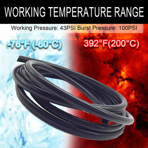 Coiled black High Temp Silicone Vacuum Hose Kit For Your Car And Engine, 6 Pieces With 5 Foot Lengths, temperature range display