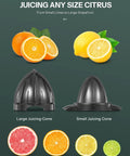 Electric Citrus Juicer With Brushed Stainless Steel Finish dual-size cones for juicing various citrus fruits.