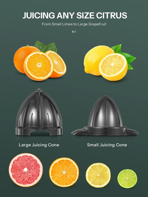 Electric Citrus Juicer With Brushed Stainless Steel Finish dual-size cones for juicing various citrus fruits.
