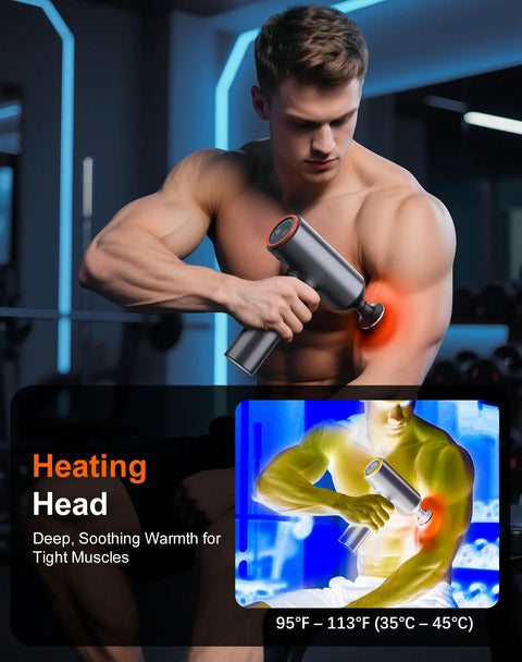 Man using Thermal Massage Gun Deep Tissue Percussion Massager With Heat Handheld Muscle Therapy Device at gym