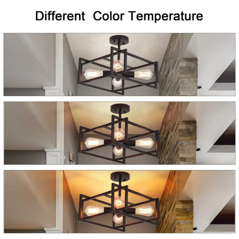 Industrial Black 4 Light Dope Semi Flush Mount Ceiling Light Fixture With E26 Socket For Kitchen Island Hallway Dining Room Rustic Vintage Farmhouse Chandelier Modern Retro showing different color temperatures.