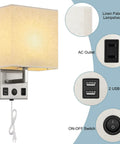 Slick Dual USB Wall Sconces Set For Bedroom Plug In Bedside Lights With USB Ports And Outlets Modern Wall Lamp with linen lampshade