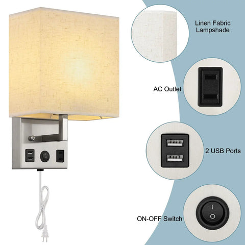 Slick Dual USB Wall Sconces Set For Bedroom Plug In Bedside Lights With USB Ports And Outlets Modern Wall Lamp with linen lampshade