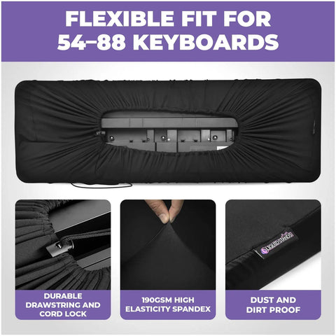 Stretchy Spandex Piano Keyboard Cover For 88 Keys, Dust Protector shown with cord lock and elastic fit