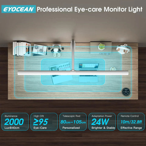 Top view of Ultra Wide Desk Lamp With Dope Gesture Control on wooden desk highlighting its bright 31.5 inch LED light strip.