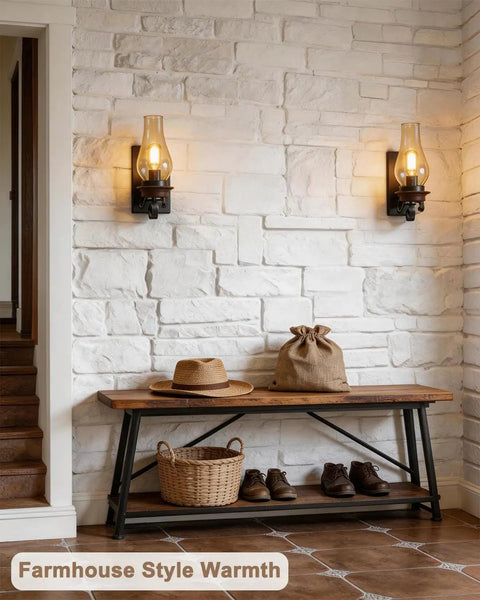Rustic Farmhouse Wall Sconce Lighting With Vintage Kerosene Lamp Shape illuminating a cozy hallway with bench and decor