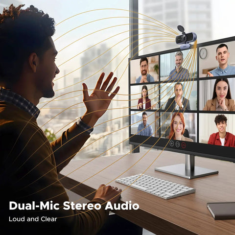 2K 30FPS Ultra HD PC Webcam With Dual Microphones Privacy Cover USB Plug And Play Streaming Camera on a monitor for video calls.