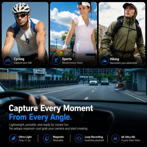 Cyclist, athlete, hiker using 4K Mini Wearable Body Camera With 64GB Magnetic Thumb Size Action Cam 6 Axis Stabilization Shake Free Auto Exposure Hands Free POV For Vloggers Hikers Cyclists Workers Travel And Daily Use
