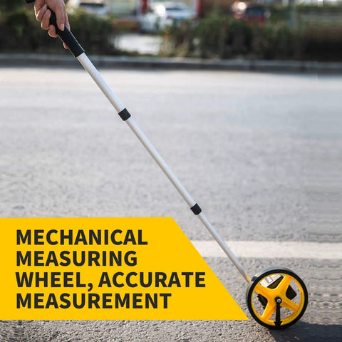Measuring Wheel For Meters With Carrying Bag Telescopic Design And Reset Button Plus Starting Point Arrow in use on pavement.