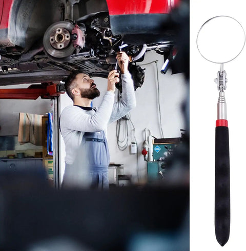 Mechanic using Six Pack Extended Handle Telescopic Inspection Mirror Set with 50mm round mirrors, rotating heads, stainless steel