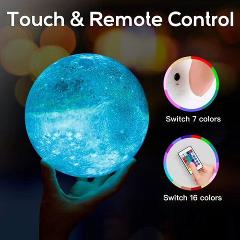 7.1 Inch Galaxy Moon Lamp 3D Printed Moon With NASA Imagery, 16 Color Changes, Remote Or Touch Control, USB Rechargeable