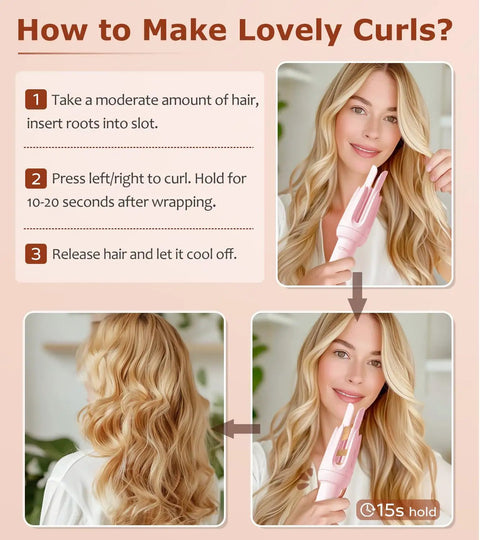 Woman using One Click Automatic Hair Curler With Four Heat Settings And Three Timer Options for long curls.