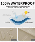 Diagram showing 100% waterproof yarn-dyed oxford fabric layers with UV protection for Patio Hanging Egg Chair Cover With Zipper UV Resistant Waterproof Outdoor Shield For Single Seat Swing Chair No Fuss All Weather Camel Color Durable Yarn Dyed Oxford Fabric Blocks UV Rays And Reduces Fading Fits 75 Inches High And 45 Inches Wide.