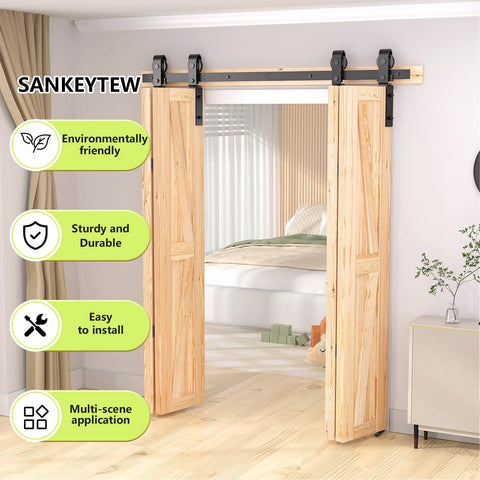 52 Inch Bifold Barn Door Hardware Kit For 4 Bifold Doors Black Finish shown installed in bedroom entryway