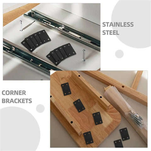 Tough As Nails Stainless Steel Mending Plates And Square Connecting Brackets for reinforcing wood and furniture, showing black corner brackets.
