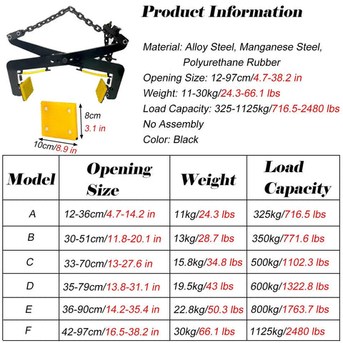 Badass Heavy Duty Granite Slab Lifting Clamp With Adjustable Chain Stone Hoist and Two Grippy Rubber Jaws for No Sweat Construction Work and Backyard DIY Builds with detailed specifications.