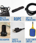 Components of 1.0HP Submersible Sump Pump with Automatic Float Switch, including power cord, hose adapter, and float control switch.