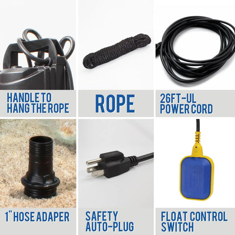 Components of 1.0HP Submersible Sump Pump with Automatic Float Switch, including power cord, hose adapter, and float control switch.