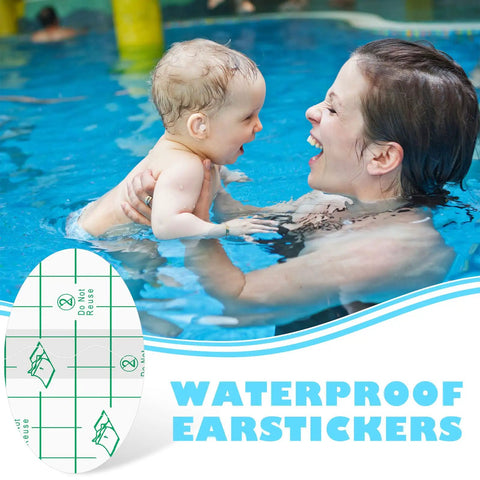 Child and parent in pool with 120 Pcs Disposable Baby Ear Covers For Shower And Bath Waterproof Ear Protection For Newborns And Kids, Soft Green