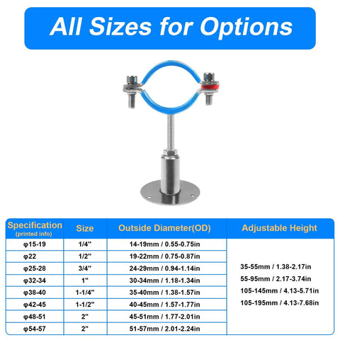 Front view of Kodilin 4-pack 304 stainless steel pipe support clamp with blue circular ring and mounting base