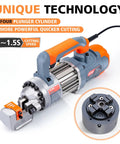 Centall 5/8 Inch Electric Hydraulic Rebar Cutter RC16B Orange close-up of four plunger cylinder technology for fast cutting.