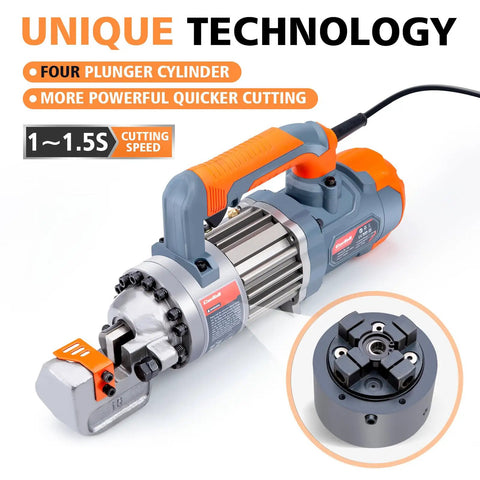 Centall 5/8 Inch Electric Hydraulic Rebar Cutter RC16B Orange close-up of four plunger cylinder technology for fast cutting.