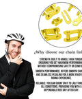 Dope Single Speed Bike Chain Master Link Connectors With Quick Release Design For Sweet MTB And Road Rig Upgrades 1/2x1/8 Inch Five Pack Set showing yellow connectors and a man in a helmet.