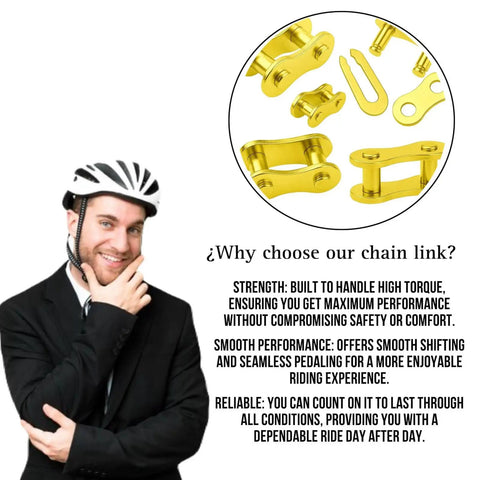 Dope Single Speed Bike Chain Master Link Connectors With Quick Release Design For Sweet MTB And Road Rig Upgrades 1/2x1/8 Inch Five Pack Set showing yellow connectors and a man in a helmet.