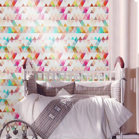 Removable Dope Colorful Geometric Triangle Wall Decals Set, Large Modern Abstract Peel And Stick Wallpaper Murals behind crib