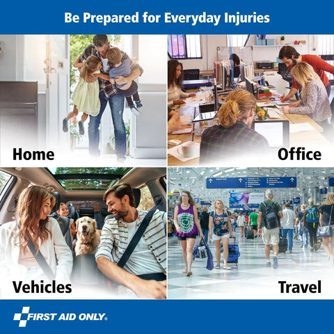 First Aid Only 298-Piece Emergency First Aid Kit in a compact pouch; collage shows home, office, vehicles, travel.