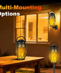 Flame Lamp Speaker With Multicolor Lights For Outdoors Patio Pool Camping Waterproof Torch Lantern 7 Lighting Modes And Music Sync RGB Glow showing three installation options on outdoor table, wall, and stake mount