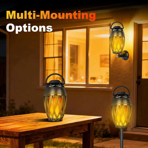 Flame Lamp Speaker With Multicolor Lights For Outdoors Patio Pool Camping Waterproof Torch Lantern 7 Lighting Modes And Music Sync RGB Glow showing three installation options on outdoor table, wall, and stake mount