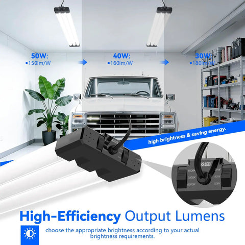 LED Shop Light Four Foot With 3CCT Selectable 4000K 5000K 6500K Adjustable 30W 40W 50W 7500 LM Ultra Bright Linkable Garage And Workshop Ceiling Light ETL Listed Two Pack in a garage setting