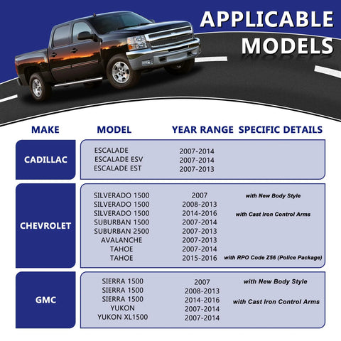 Chart of applicable models for Beefed Up Front Upper Left And Right Control Arm Kit with Chevrolet truck image.