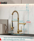 Brushed Gold Kitchen Faucet With Pull Down Sprayer, Single Handle High Pressure Brass Sink Faucet, dimensions displayed.