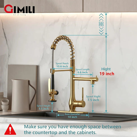 Brushed Gold Kitchen Faucet With Pull Down Sprayer, Single Handle High Pressure Brass Sink Faucet, dimensions displayed.