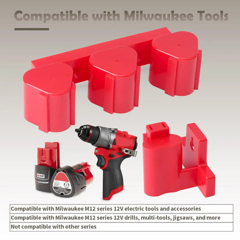 Tool Holder and Battery Mount for Milwaukee M12 12V Tools Wall Mount Hanger Kit Plastic Organizer with red holders and drill