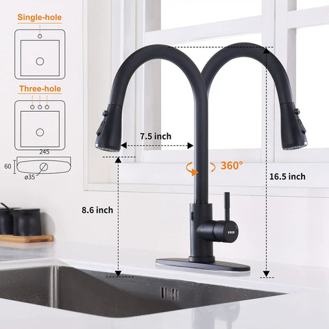 Touchless Kitchen Faucet With Pull Down Sprayer And Soap Dispenser, Motion Sensor Hands Free Faucet for Modern Kitchen, Matte Black, dimensions shown