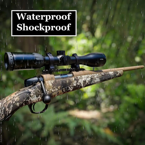 Rifle with scope mounted on CVA Paramount Picatinny Scope Rail 20 MOA Aluminum 6063 T6 Black Finish, shown in rain