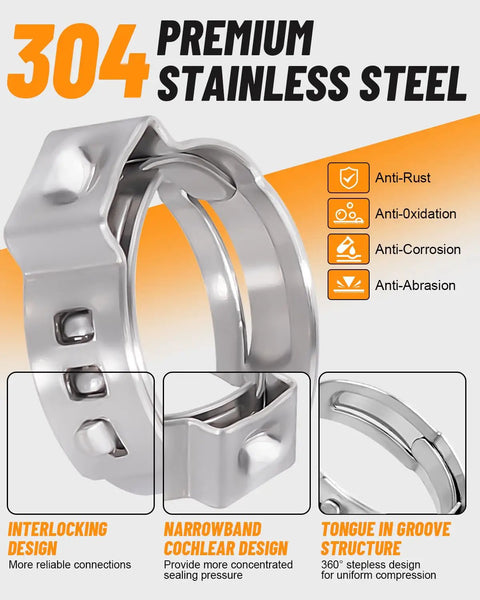 Close-up of 304 stainless steel clamps from 120 Piece Single Ear Hose Clamp Set 15.0 To 17.5 Mm for garden and plumbing projects.