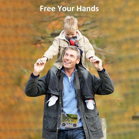 DJI Remote Controller Lanyard Dual Leather Neck Strap worn by man with child on shoulders outdoors