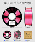 Spools of Silk PLA Filament 1.75mm Magenta Silk Pink 1kg vacuum packed for 3D printer next to product box.